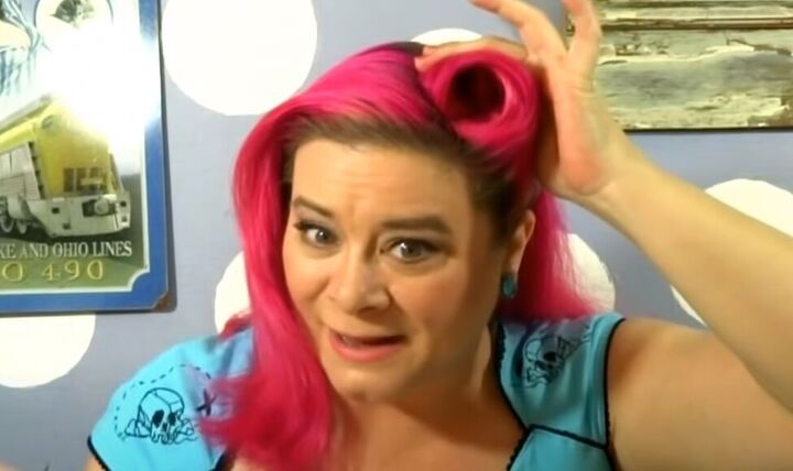 how to easily create rockabilly hair victory rolls in 4 different ways, Pinning the victory roll with bobby pins