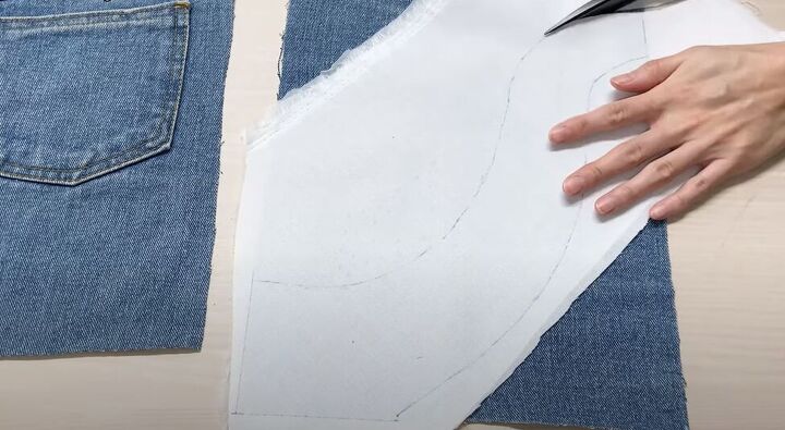 how to make a quick simple diy denim tote bag out of a jean skirt, Cutting out a leaf pattern for the denim tote