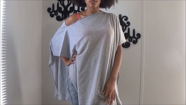 how to make a quick easy diy wrap shirt you can style 5 ways, Wearing the shirt off the shoulder