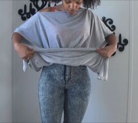 how to make a quick easy diy wrap shirt you can style 5 ways, Folding the bottom upwards to make a belt