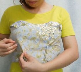 how to make a cute diy crop top and skirt out of an old apron, Pinching darts under the bust area
