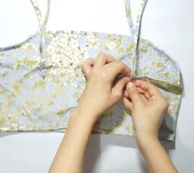 how to make a cute diy crop top and skirt out of an old apron, Attaching the straps to the crop top