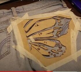 how to create a beautiful butterfly bleach design on jeans, Securing the butterfly stencil with masking tape