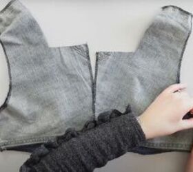 how to make a pretty diy denim top out of old jeans a dress pattern, Pinning the shoulder and side seams
