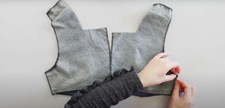 how to make a pretty diy denim top out of old jeans a dress pattern, Pinning the shoulder and side seams