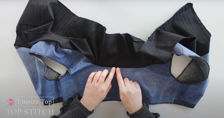 how to make a pretty diy denim top out of old jeans a dress pattern, Topstitching the DIY denim top bodice