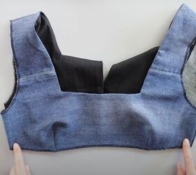 how to make a pretty diy denim top out of old jeans a dress pattern, Running basting stitch along the bottom of the bodice piece