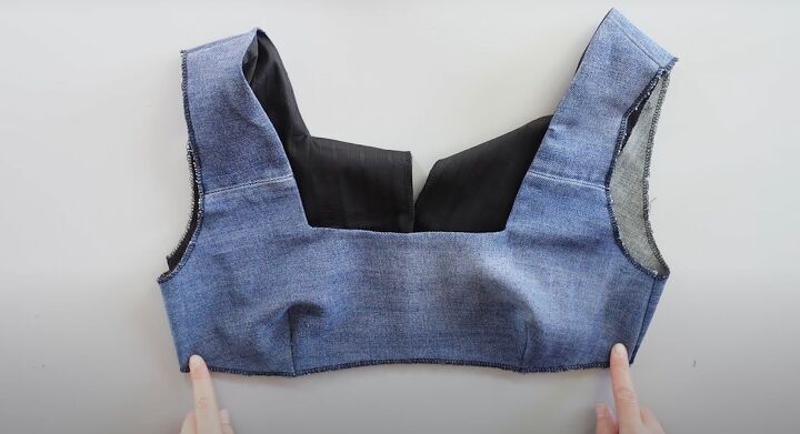 how to make a pretty diy denim top out of old jeans a dress pattern, Running basting stitch along the bottom of the bodice piece
