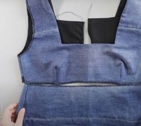 how to make a pretty diy denim top out of old jeans a dress pattern, Pinning the top to the bottom pieces
