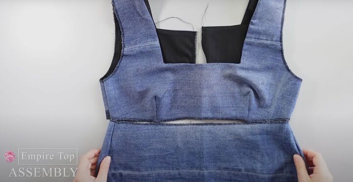 how to make a pretty diy denim top out of old jeans a dress pattern, Pinning the top to the bottom pieces
