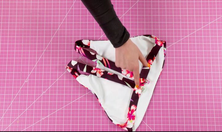 how to make a cute diy high neck bikini top from scratch, Placing the shoulder straps on the back strap ready to sew
