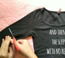 how to make a cute diy square neck top out of a long sleeved t shirt, Shortening the sleeves of the top
