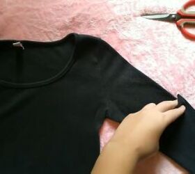 how to make a cute diy square neck top out of a long sleeved t shirt, Using the cut sleeve as a pattern for the opposite side