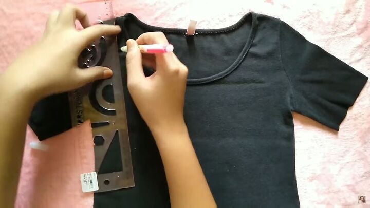 how to make a cute diy square neck top out of a long sleeved t shirt, Marking the DIY square neck top