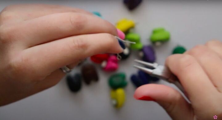 how to make cute among us inspired diy earrings with polymer clay, Attaching the earrings hooks with pliers