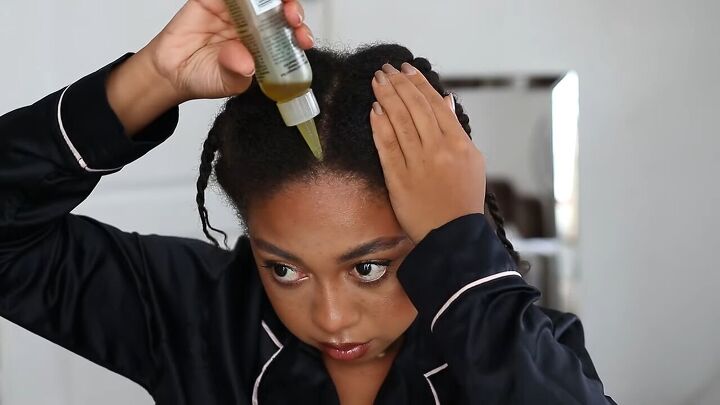 how to do a relaxing effective scalp massage for hair growth, Applying hair oil to the scalp