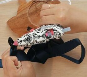 how to make a braided headband out of silk fabric ribbon, Hot gluing the ribbon to the headband