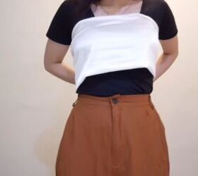 how to make an easy diy o ring top you can wear 6 different ways, Wrapping the fabric across the chest