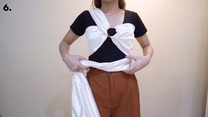 how to make an easy diy o ring top you can wear 6 different ways, Wrapping the ends around the waist
