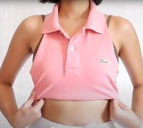 how to make a halter top out of a polo shirt 2 different ways, Trying on the halter top to adjust the hem