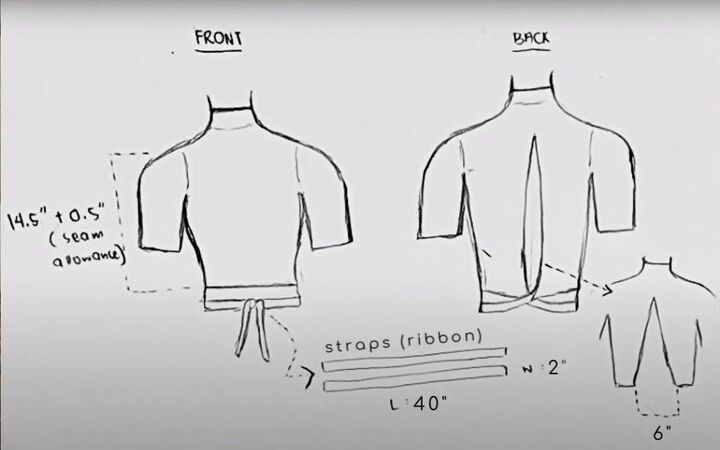 how to easily make a diy open back top out of an old t shirt, DIY open back top sketch and measurements