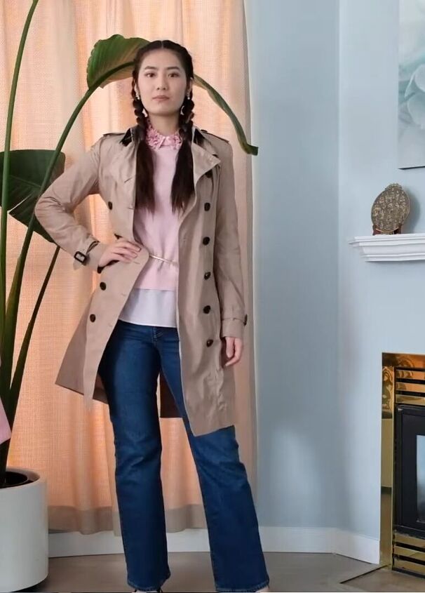 how to style pink outfits 10 looks to get you in the mood for spring, Pink sweater with jeans and a trench coat