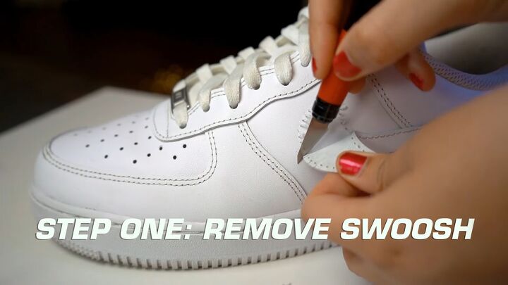how to make a custom nike jelly swoosh with glitter baby oil, Removing the existing leather Nike swoosh