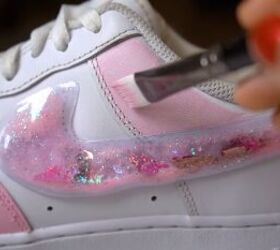 how to make a custom nike jelly swoosh with glitter baby oil, Painting the Nike shoes with glitter swoosh