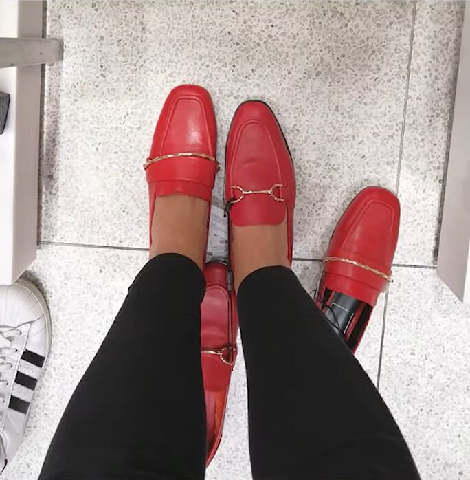 how to style cute winter to spring outfits for transitional weather, Bright red loafers