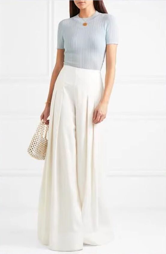 how to style cute winter to spring outfits for transitional weather, White high waisted wide leg pants