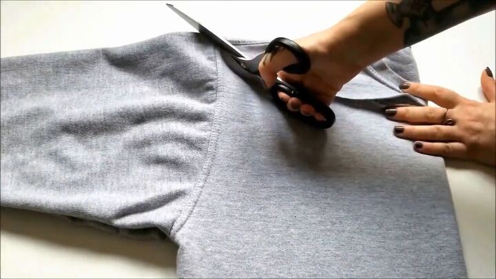 how to cut a sweatshirt off the shoulder for a quick easy refashion, How to make a sweatshirt off the shoulder