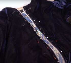 how to sew a velvet diy bomber jacket from scratch free pattern, Pinning the zipper