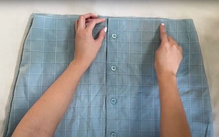 how to make a long diy button down skirt out of an old men s shirt, Sewing basting stitches along the waistline