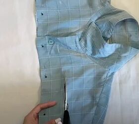 how to make a long diy button down skirt out of an old men s shirt, Cutting out the waistband from the shirt