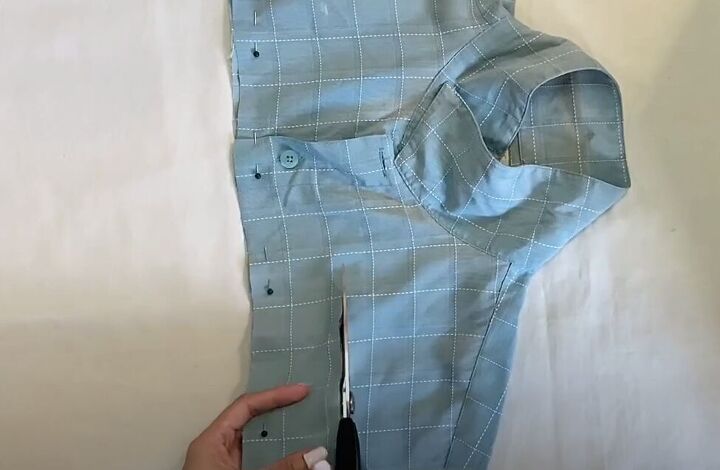 how to make a long diy button down skirt out of an old men s shirt, Cutting out the waistband from the shirt