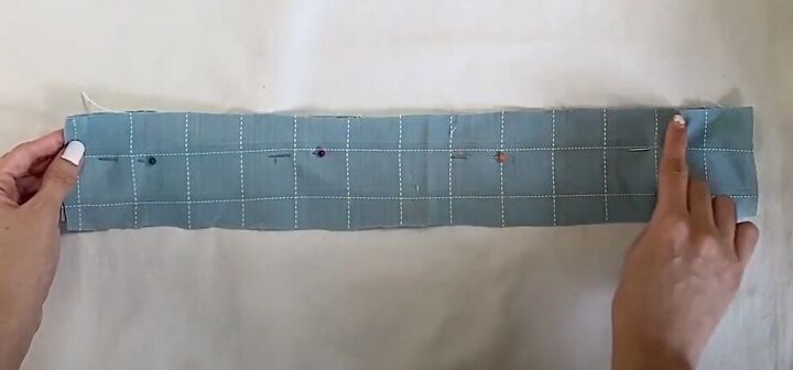 how to make a long diy button down skirt out of an old men s shirt, Pinning the waistband pieces together