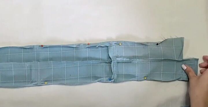 how to make a long diy button down skirt out of an old men s shirt, Pinning the waistband ready to sew
