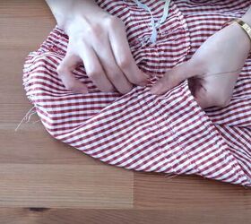 how to turn a skirt into a crop top in 7 simple steps, Pulling elastic through the elastic casing