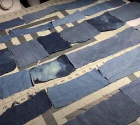 how to sew a makeup bag out of diy patchwork denim fabric, Cutting denim pieces for patchwork