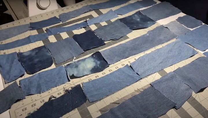 how to sew a makeup bag out of diy patchwork denim fabric, Cutting denim pieces for patchwork