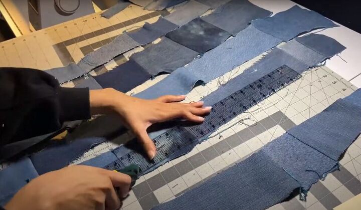 how to sew a makeup bag out of diy patchwork denim fabric, Sewing the denim rectangles to make patchwork fabric