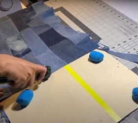 how to sew a makeup bag out of diy patchwork denim fabric, Cutting out the makeup bag pattern