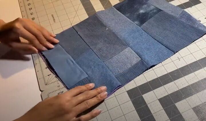 how to sew a makeup bag out of diy patchwork denim fabric, Pinning the pattern ready to sew