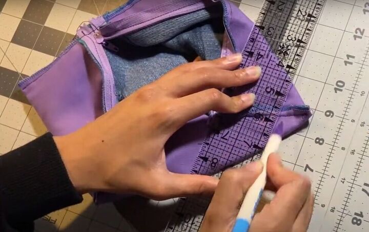 how to sew a makeup bag out of diy patchwork denim fabric, Making the box corners