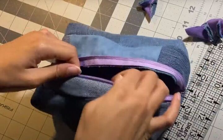 how to sew a makeup bag out of diy patchwork denim fabric, Turning the bag right sides out