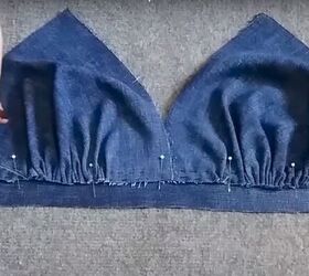 how to make a cute diy denim crop top out of a pair of old jeans, Pinning the crop top cups to the band