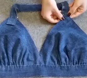 how to make a cute diy denim crop top out of a pair of old jeans, Making the halter strap for the crop top