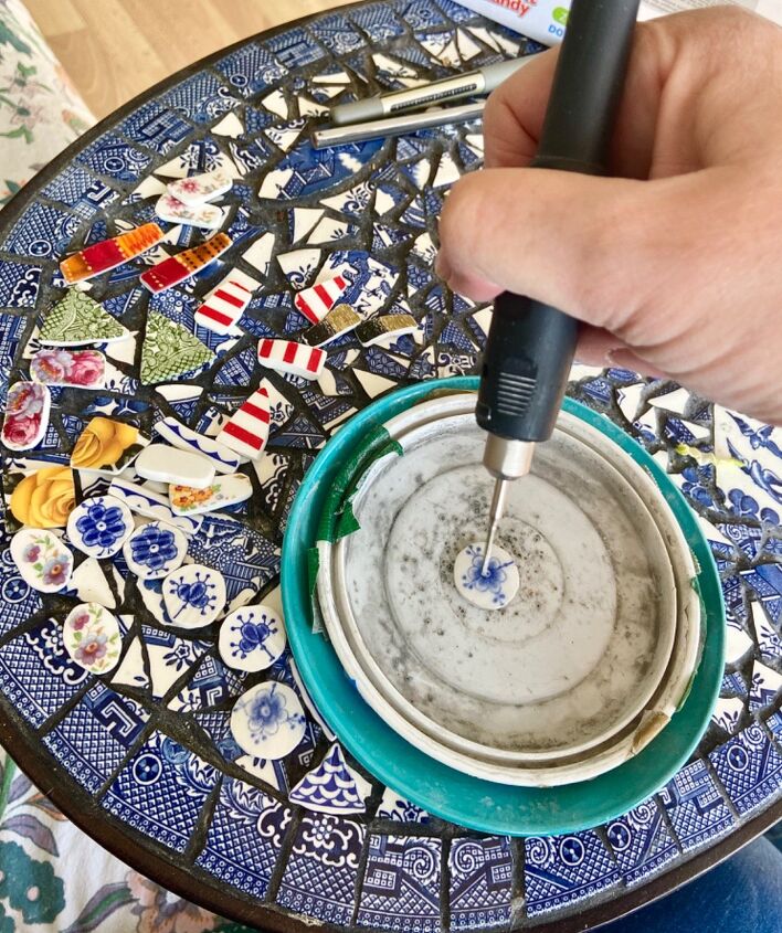 how to create a one of a kind ceramic pendant from your old plates, Drilling