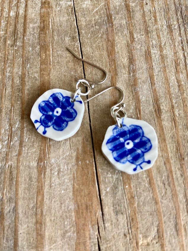 how to create a pair of original ceramic earrings from an old tea cup, Up cycled crockery earrings