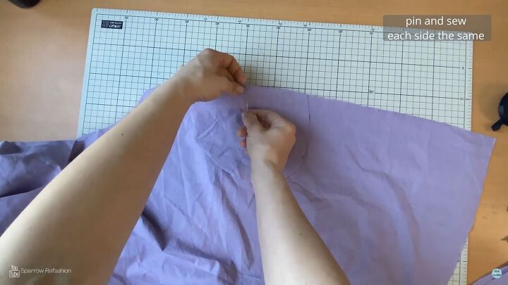 how to sew a skater dress with long sleeves out of an old bedsheet, Pinning the pockets to the dress